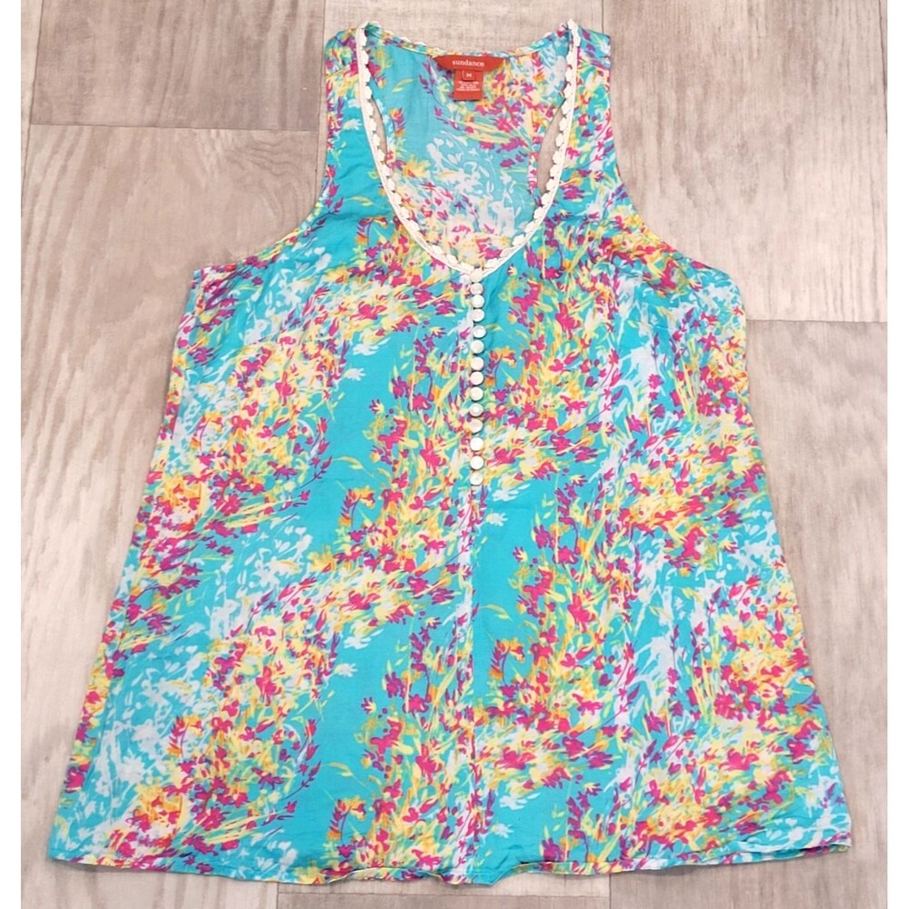 Sundance M Silk Blend V-Neck Floral Sleeveless Tank Top Pearl Buttons Lace Trim